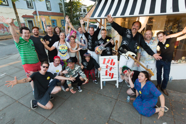 Nardwuar and The Evaporators and the cast and crew of the "Eat to Win" video ! Liberty Bakery, Vancouver BC Canada! (Pic by William Jans)